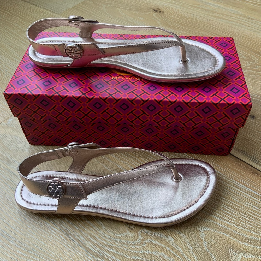 Tory Burch Rose Gold Minnie Travel Sandal size 8 with original box.
